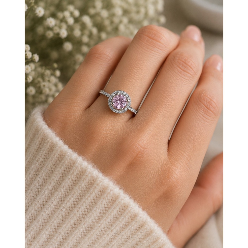 18K GP Halo Ring with Pink Round Center Stone & Clear Accent Stones Size 6